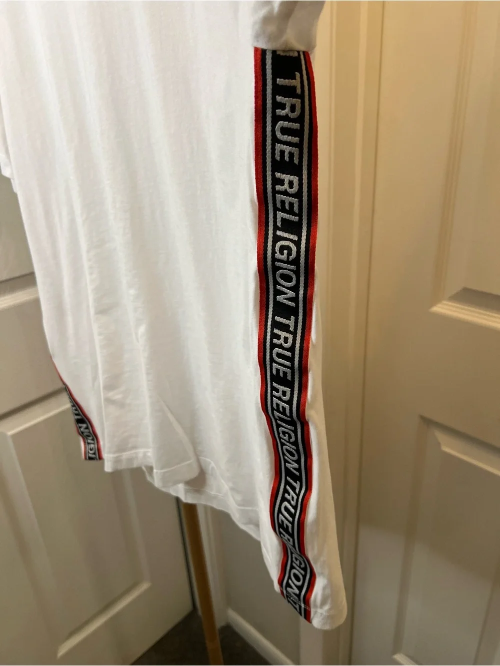 True Religion White Tee with Black Horseshoe and Red Side Tape